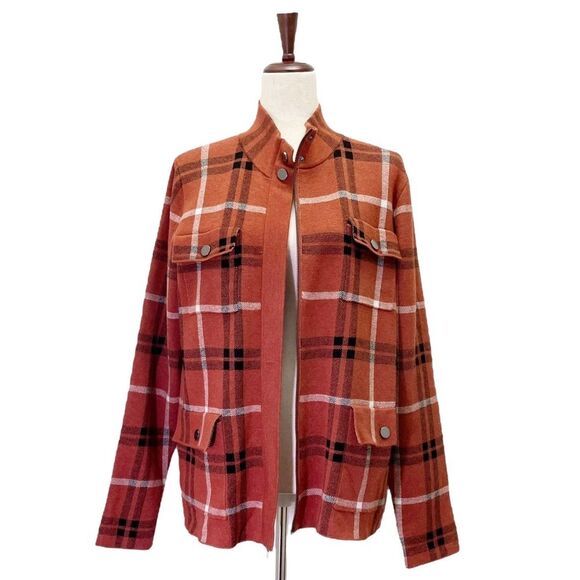 Joie Plaid Shacket Soft Knit Full Zip Sweater Jacket Rust Black White Size Large - Picture 5 of 13